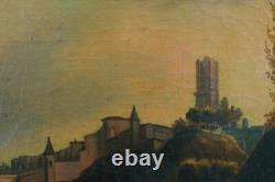 Tableau ancien paysage animé vue D'Albi promeneur sur les bords du Tarn 19 ème