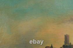 Tableau ancien paysage animé vue D'Albi promeneur sur les bords du Tarn 19 ème