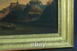 Tableau ancien paysage animé vue D'Albi promeneur sur les bords du Tarn 19 ème