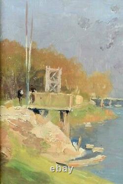 Tableau ancien paysage au fleuve animé signé Joseph Paul MESLÉ (1855-1929)