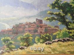 Tableau ancien paysage campagne peinture village sud France montagne ruche
