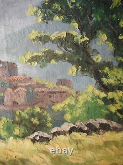 Tableau ancien paysage campagne peinture village sud France montagne ruche