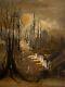 Tableau ancien paysage couché de soleil forêt impressionnisme signé à attribuer