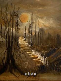 Tableau ancien paysage couché de soleil forêt impressionnisme signé à attribuer