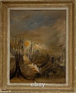 Tableau ancien paysage couché de soleil forêt impressionnisme signé à attribuer