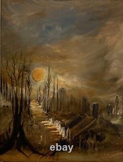 Tableau ancien paysage couché de soleil forêt impressionnisme signé à attribuer