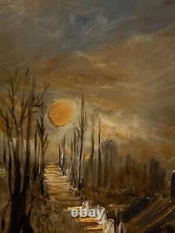 Tableau ancien paysage couché de soleil forêt impressionnisme signé à attribuer