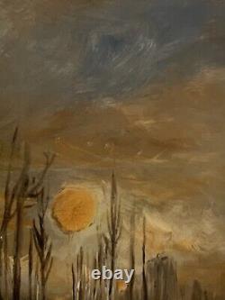 Tableau ancien paysage couché de soleil forêt impressionnisme signé à attribuer
