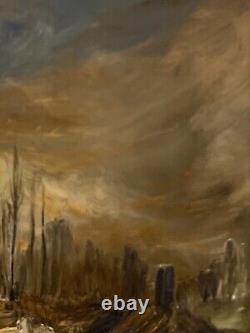 Tableau ancien paysage couché de soleil forêt impressionnisme signé à attribuer