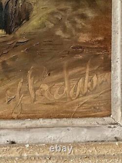 Tableau ancien paysage couché de soleil forêt impressionnisme signé à attribuer
