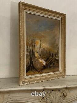 Tableau ancien paysage couché de soleil forêt impressionnisme signé à attribuer