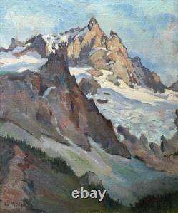 Tableau ancien paysage de Montagne Les Alpes La Meije Neige sommet signé Crozier