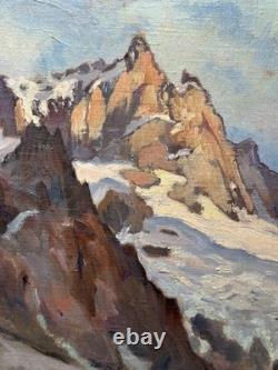 Tableau ancien paysage de Montagne Les Alpes La Meije Neige sommet signé Crozier