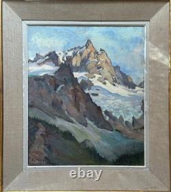 Tableau ancien paysage de Montagne Les Alpes La Meije Neige sommet signé Crozier