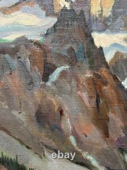 Tableau ancien paysage de Montagne Les Alpes La Meije Neige sommet signé Crozier