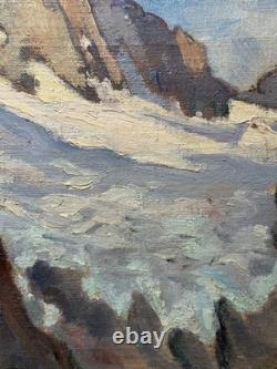 Tableau ancien paysage de Montagne Les Alpes La Meije Neige sommet signé Crozier