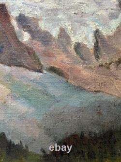 Tableau ancien paysage de Montagne Les Alpes La Meije Neige sommet signé Crozier
