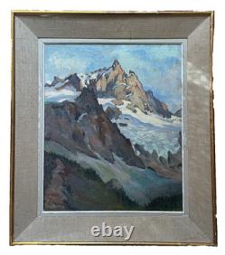 Tableau ancien paysage de Montagne Les Alpes La Meije Neige sommet signé Crozier