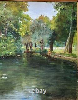 Tableau ancien paysage étang aux canards, Post-Impressionniste Signé