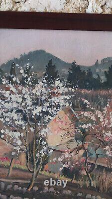 Tableau ancien paysage fleurs amandiers Pirre Lepage