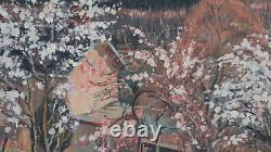 Tableau ancien paysage fleurs amandiers Pirre Lepage