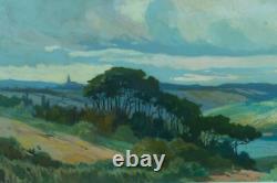 Tableau ancien paysage panoramique Pins Parasol Landes rivière Pïerre Roblin
