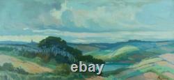 Tableau ancien paysage panoramique Pins Parasol Landes rivière Pïerre Roblin