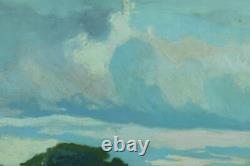 Tableau ancien paysage panoramique Pins Parasol Landes rivière Pïerre Roblin
