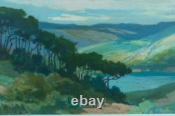 Tableau ancien paysage panoramique Pins Parasol Landes rivière Pïerre Roblin