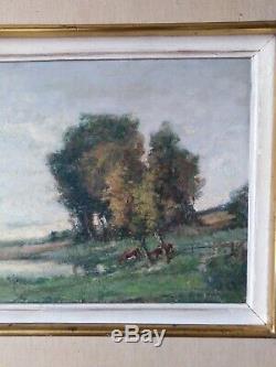 Tableau ancien paysage pâturage André Des fontaines vaches pastorale 33x41cm