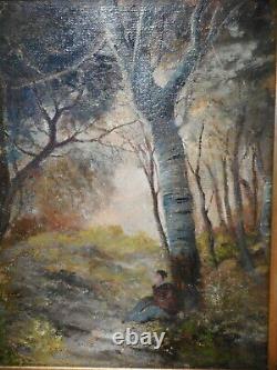 Tableau ancien peinture 19 siècle Louis GUY paysage campagne arbre sous bois