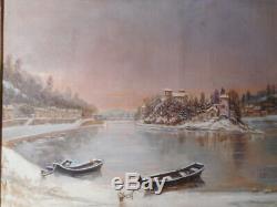 Tableau ancien peinture 19 siècle Lyon Ile Barbe bord rivière Saone hivers