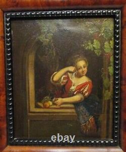 Tableau ancien peinture huile / cuivre Portrait jeune fille 19ème école flamande