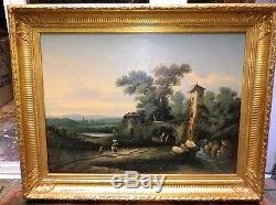 Tableau ancien peinture huile paysage animè fin18e debut19e signe