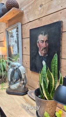 Tableau ancien peinture huile portrait homme à moustache style XIXe