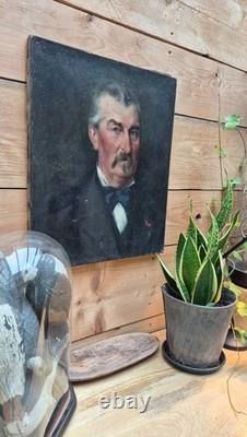 Tableau ancien peinture huile portrait homme à moustache style XIXe