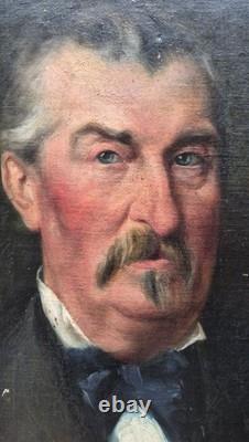 Tableau ancien peinture huile portrait homme à moustache style XIXe