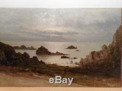 Tableau ancien peinture marine Maurice Lucien PROUST Bretagne rocher mer océan