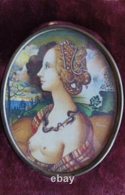 Tableau ancien peinture miniature portrait Simonetta Vespucci signe Emma Focacci