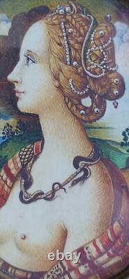 Tableau ancien peinture miniature portrait Simonetta Vespucci signe Emma Focacci