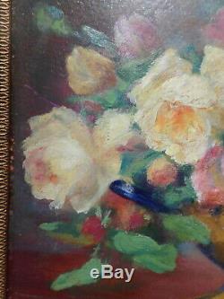 Tableau ancien peinture nature morte J ROZIER bouquet fleur rose