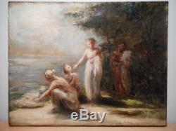 Tableau ancien peinture néo classique S Nathusius groupe femme baigneuse