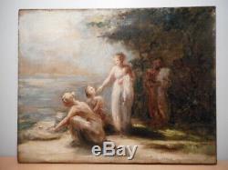 Tableau ancien peinture néo classique S Nathusius groupe femme baigneuse