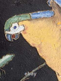 Tableau ancien peinture portrait animalier Ara feuillage houx art deco