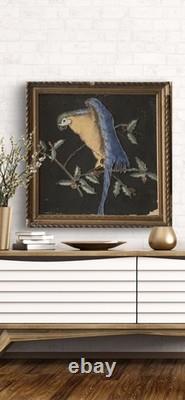 Tableau ancien peinture portrait animalier Ara feuillage houx art deco