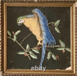 Tableau ancien peinture portrait animalier Ara feuillage houx art deco