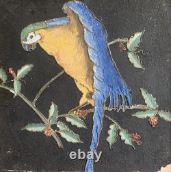 Tableau ancien peinture portrait animalier Ara feuillage houx art deco