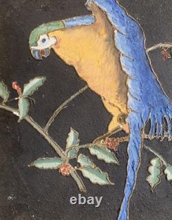 Tableau ancien peinture portrait animalier Ara feuillage houx art deco