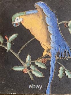 Tableau ancien peinture portrait animalier Ara feuillage houx art deco