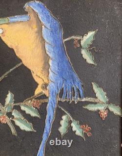 Tableau ancien peinture portrait animalier Ara feuillage houx art deco